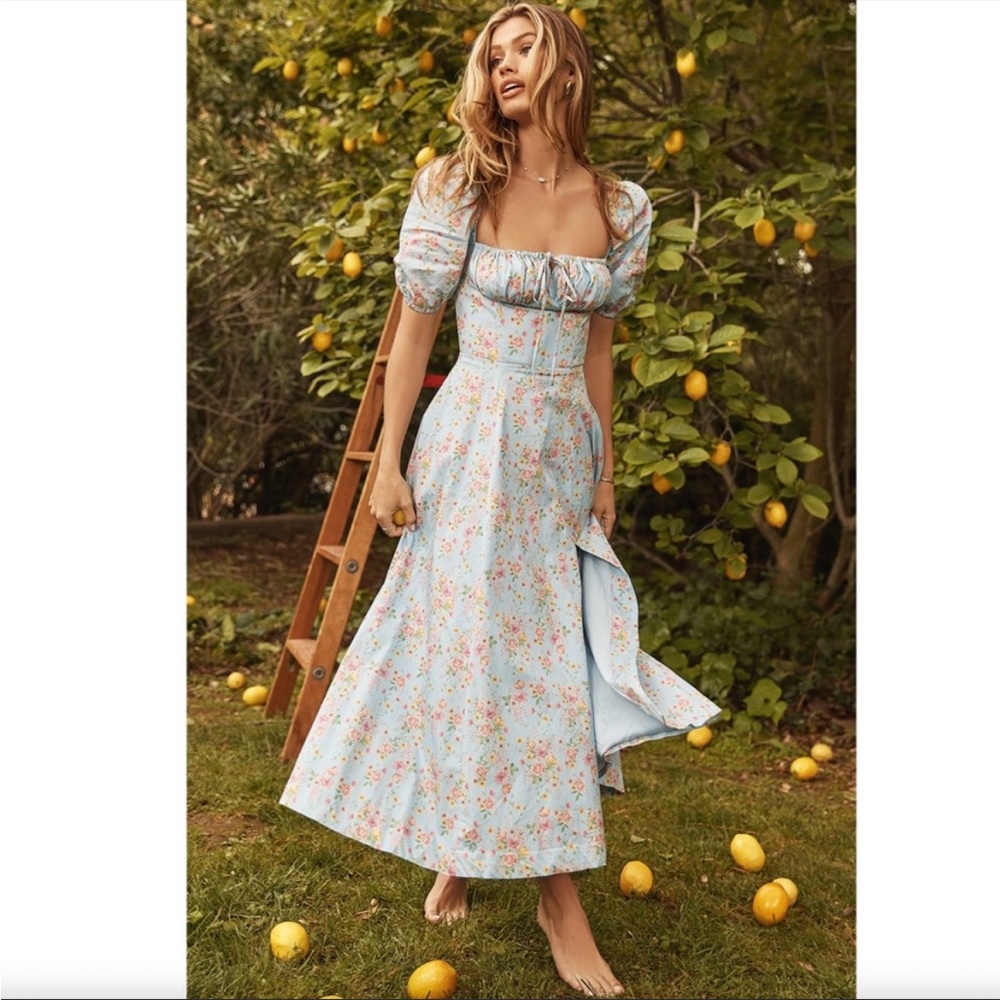 House of CB Tallulah Blue Vintage Floral Puff Sleeve Midi Dress - Picture 1 of 13